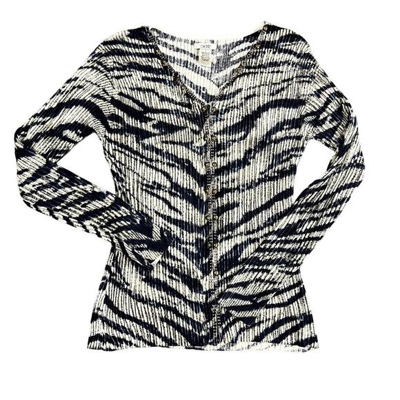 Cache Tops - Cache Vintage Zipper Blue Zebra Print Long Sleeve Blouse Size L